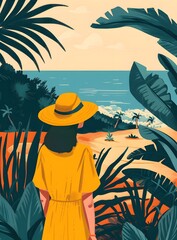 Wall Mural - Woman in Yellow Dress Looking at the Ocean