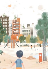 A Boy Looking at a Bird in the City Park Illustration