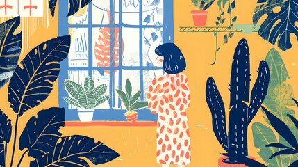 Poster - Woman Looking Out Window With Plants In Room