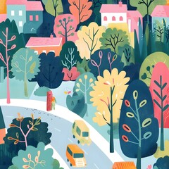 Canvas Print - Colorful Illustration of a Winding Road Through a Forest