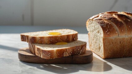 A slice of bread is on a wooden cutting board