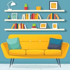 Canvas Print - Living Room with Yellow Sofa, Bookshelves and Minimalist Decor