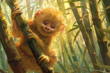 A young Sun Wukong, with fluffy golden fur and a playful expression, exploring a bamboo grove