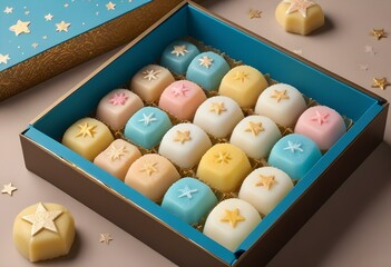 A box of assorted Japanese mochi desserts, featuring various shapes and patterns made with rice flour and filled with sweet fillings, well Lines up in a Brown box with warm Gold top with star shapes p