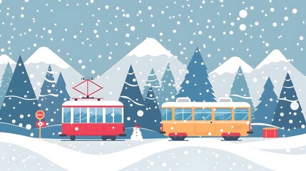 Poster - Winter Tram in Snowy Mountains Landscape