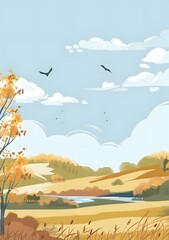 Sticker - Autumn Landscape with Lake and Birds Flying