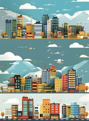 Wall Mural - Flat Colorful Cityscape with Mountain View Illustration