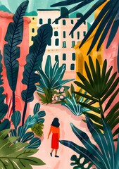 Canvas Print - Woman Walking Through Lush Tropical Garden in City