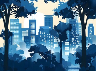 Poster - Blue Cityscape Illustration with Trees and Buildings