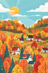 Sticker - Autumn Village Landscape with Sun and Clouds Illustration