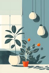 Poster - Modern Minimalist Interior Design With Plants And Hanging Lamps