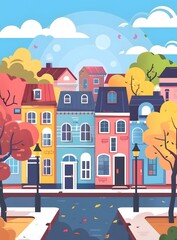 Wall Mural - Colorful Houses in Autumn Town With Canal