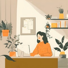 Sticker - Woman Working On Her Computer At Home Office Illustration