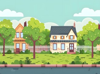 Poster - Cartoon Illustration of Houses with Green Trees and White Fence