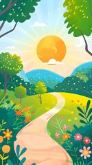 Poster - Sun Shining on a Winding Road Through Green Fields