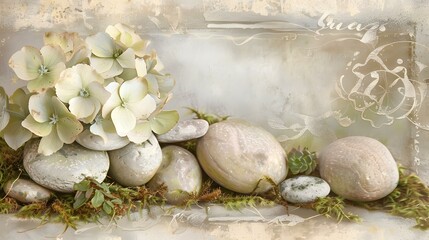 Poster - Green Hydrangea with Stones and Moss Illustration