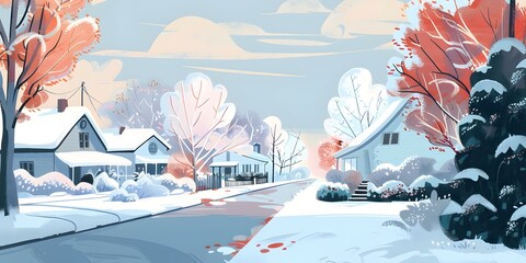 Poster - Winter Landscape Illustration with Houses and Trees