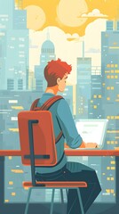 Wall Mural - Man with Red Hair Sitting in Chair Working on Laptop in Front of City Skyline