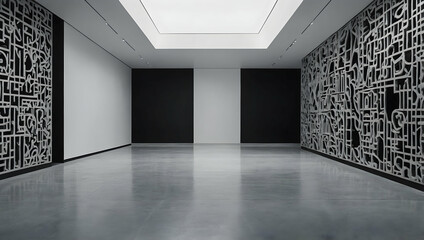 Wall Mural - Minimalist Gallery Space: A modern, minimalist gallery space with a sleek, concrete floor and white walls,  featuring a striking black and white artwork with intricate patterns, perfect for showcasing