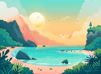 Wall Mural - Peaceful Sunset Beach Landscape Illustration