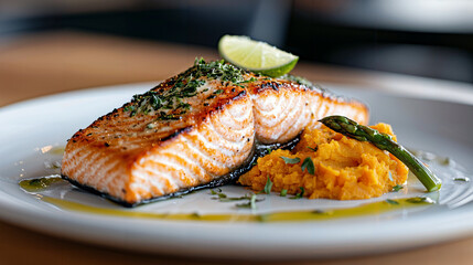 Grilled salmon with steamed asparagus and sweet potato mash, drizzled with herb sauce and fresh lime, a flavorful and healthy dining experience.