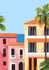 Poster - Mediterranean Style House Illustration With Palm Trees