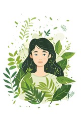 Canvas Print - Woman with Green Leaves Illustration