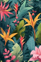 Canvas Print - Colorful Tropical Leaves and Flowers Illustration