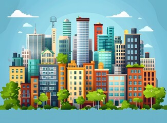 Poster - Modern Cityscape Illustration with Skyscrapers and Green Trees