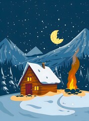 Poster - Cozy Cabin in Winter Wonderland Night Landscape