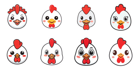 Wall Mural - Illustration of multiple cute chicken face characters, black outline