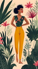 Wall Mural - Woman in Yellow Pants Surrounded by Lush Green Tropical Foliage