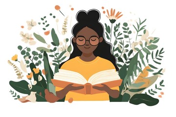 Sticker - Young Black Woman Reading a Book Surrounded by Flowers