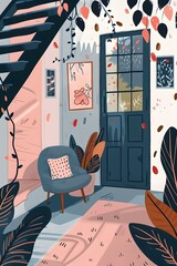 Wall Mural - Modern Illustration of a Cozy Living Room Interior with a Chair and Rug