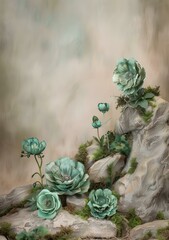 Poster - Green Flowers on Rocks with Beige Background