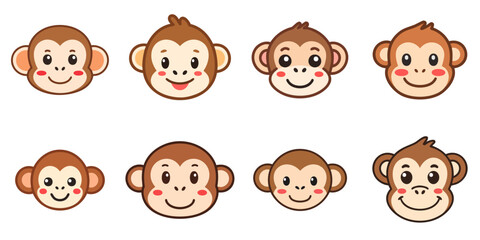 Wall Mural - Illustration of multiple cute monkey face characters, black outline