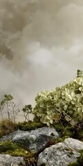 Poster - Green Flowers on Rocks Against Cloudy Sky