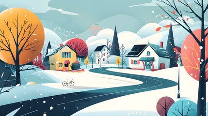 Wall Mural - Snowy Winter Village Landscape Illustration