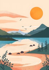 Poster - Abstract Illustration Of Sunset Over Mountains And Lake