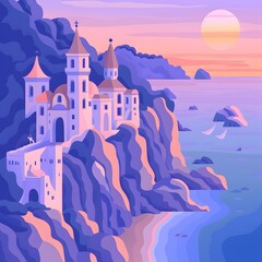 Canvas Print - Sunset over the Sea with a Medieval Castle on a Cliff