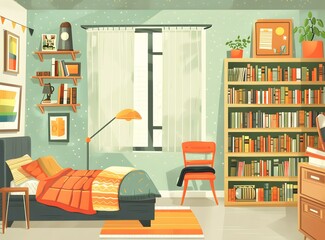 Wall Mural - Cozy Bedroom with Bookshelf and a Bed