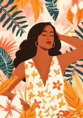 Wall Mural - Woman In Floral Dress Surrounded by Tropical Leaves