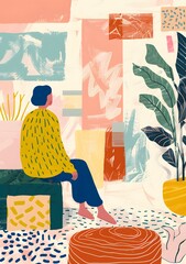 Sticker - Woman Sitting In An Abstract Art Living Room