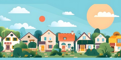 Canvas Print - Colorful Illustration of Houses in a Row with a Sunny Sky