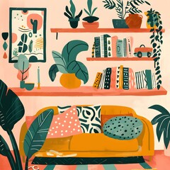 Wall Mural - Living Room Illustration with Sofa, Plants, and Books