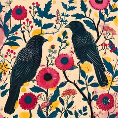 Canvas Print - Black Birds and Flowers Illustration