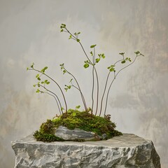 Poster - Green Plants on a Stone Platform Against a Gray Background