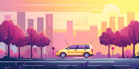 Poster - Yellow Car Driving Through Cityscape Illustration