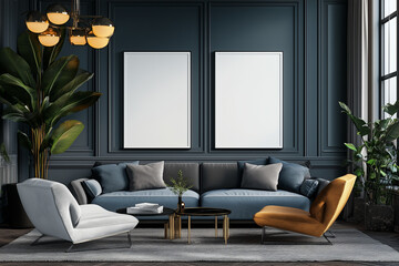 Wall Mural - Scandinavian apartment with furniture and plants, mockup with two white photo frames in the background, soft lighting