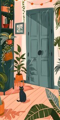 Poster - Black Cat In A Room Full Of Plants